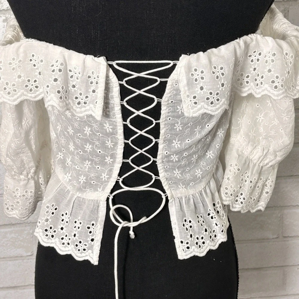 Zara‎ White Eyelet Milkmaid Peplum Crop Top XS Coquette Festival Coastal Cottage